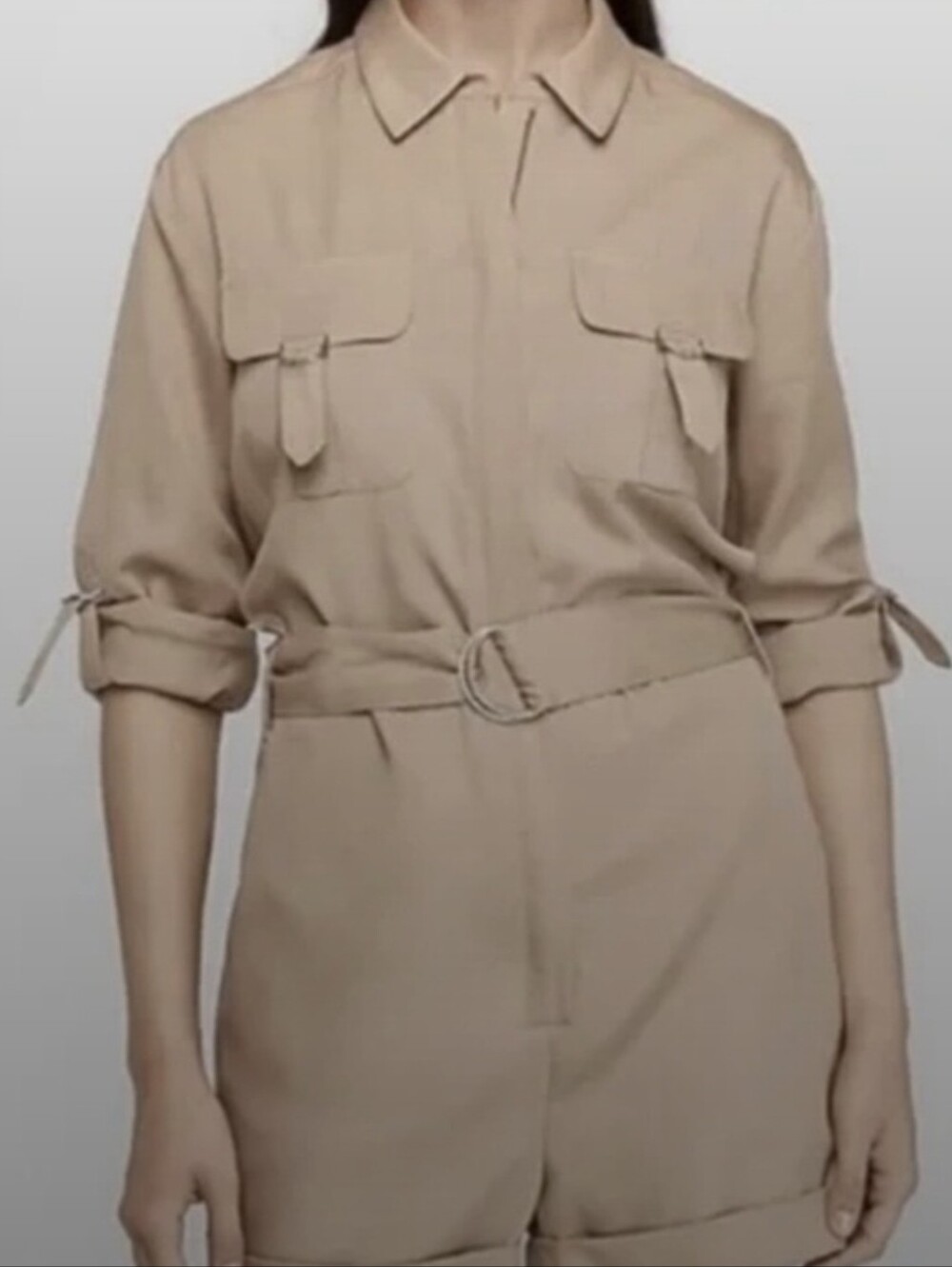 Express Beige Utility Short Sleeve Belted Romper